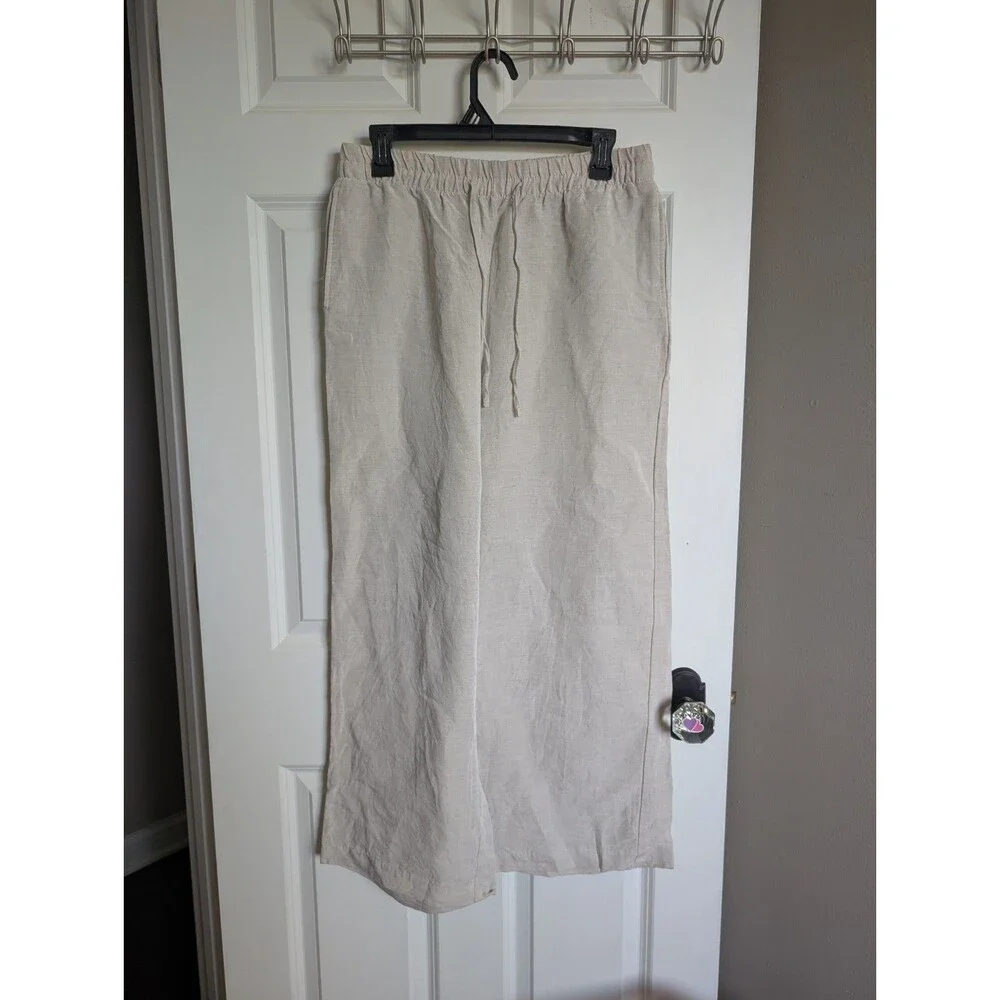 h&m Medium Linen Blend Wide Leg Pants Trousers Flax Oatmeal Minimalist Womens